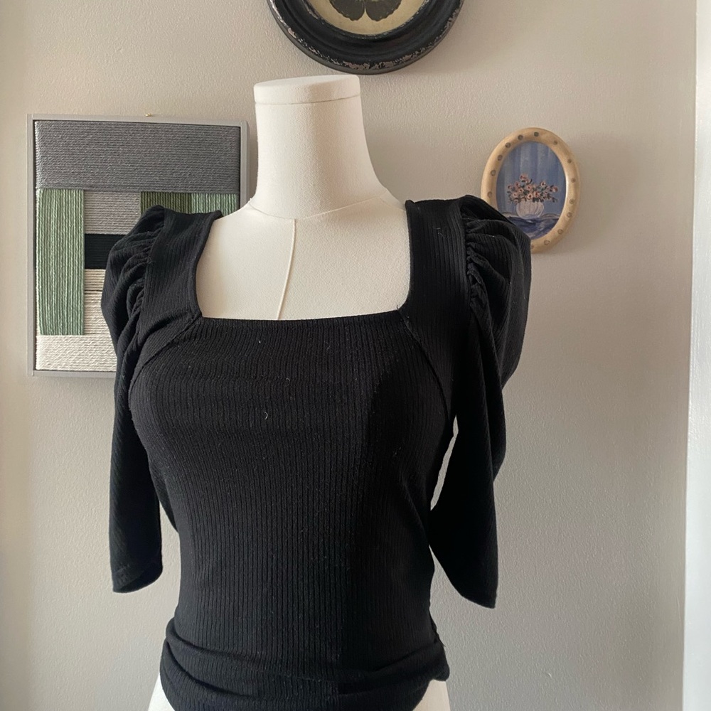 Free People Black Knitted Night Lily Puff Sleeve Blouse